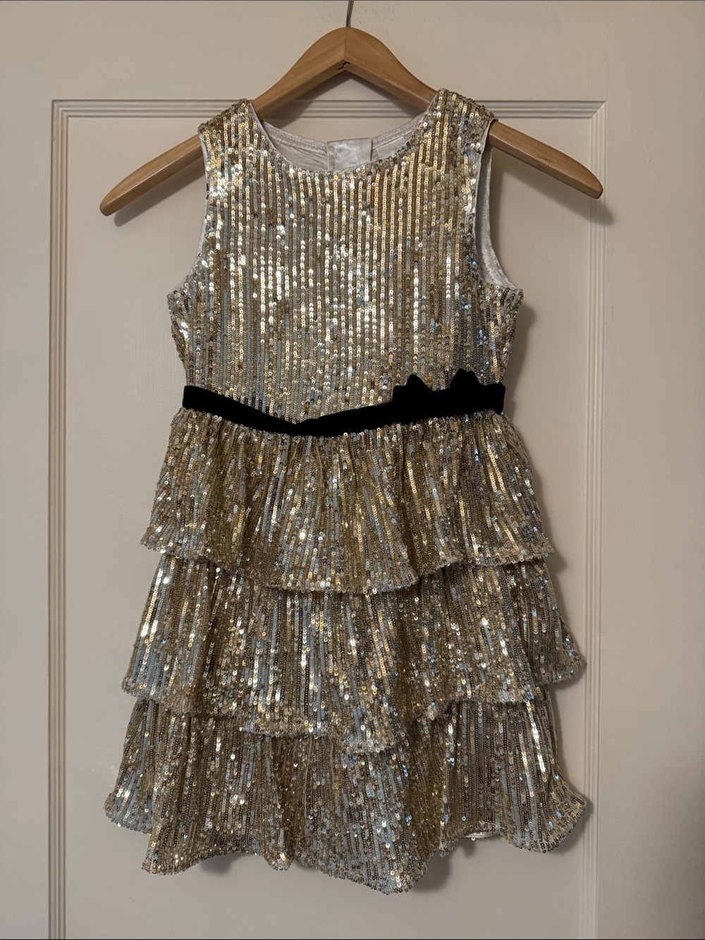 Gymboree Girls Gold Sequin Tiered Dance Dress with Black velvet Waistband